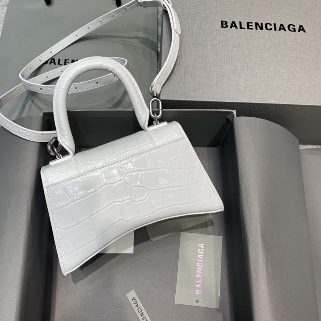 Balenciaga Hourglass XS Handbag Crocodile Embossed Shoulder Bag White